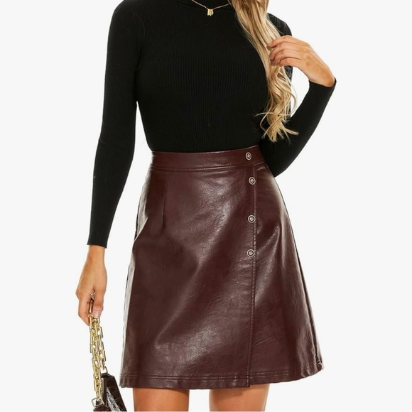 Ginasy Faux leather, a line, wrap , high waisted miniskirt burgundy - Picture 1 of 14